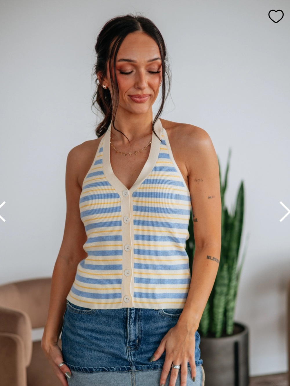 Striped Button-Front Halter Knit Top in Pastel Yellow & Blue NWT